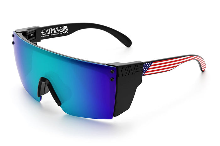 Heat Wave Visual Lazer Face Z87 Sunglasses with black frame, USA print arms, galaxy blue lens and black side shields.