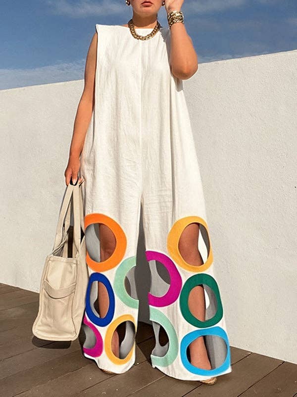 Loose Sleeveless Contrast Color Hollow Jumpsuits