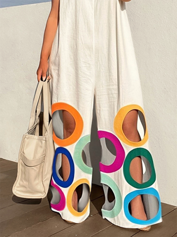 Loose Sleeveless Contrast Color Hollow Jumpsuits