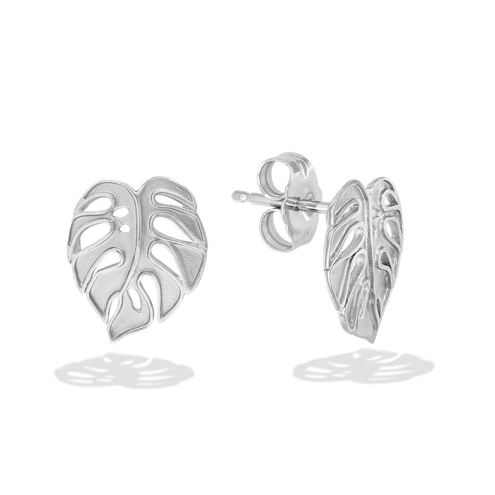 Side angle of 14k white gold monstera stud earrings highlighting dimensional leaf design. Item No. 43740