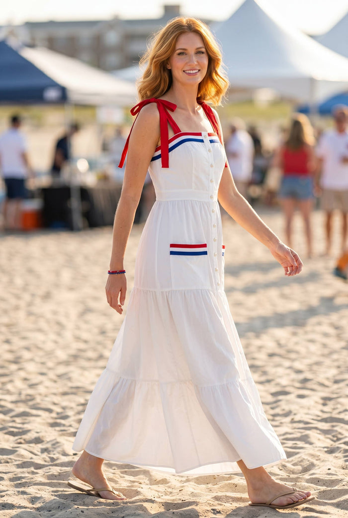 Ms 250 4th of july-inspired maxi dress with mixed stripe trim tape
