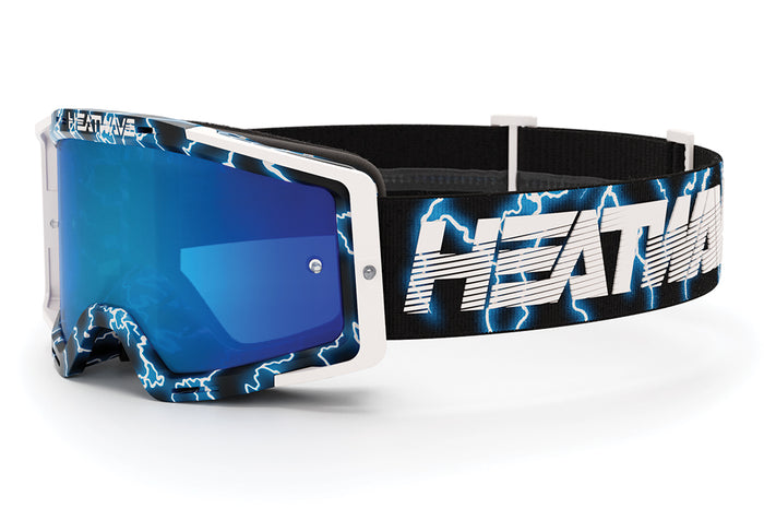 Heat Wave Visual MXG 250 Motosport Goggle in the Lightning color way with the Galaxy Blue Mirror lens.