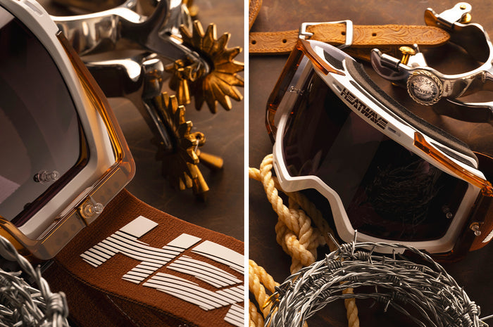Two images of The MXG-250 Moto Goggle - Saddle on a wood table next to cowboy accessories.