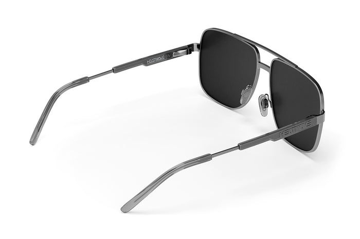 Back view of the Heat Wave Visual Nimitz Sunglasses with gun metal frame and black lenses.
