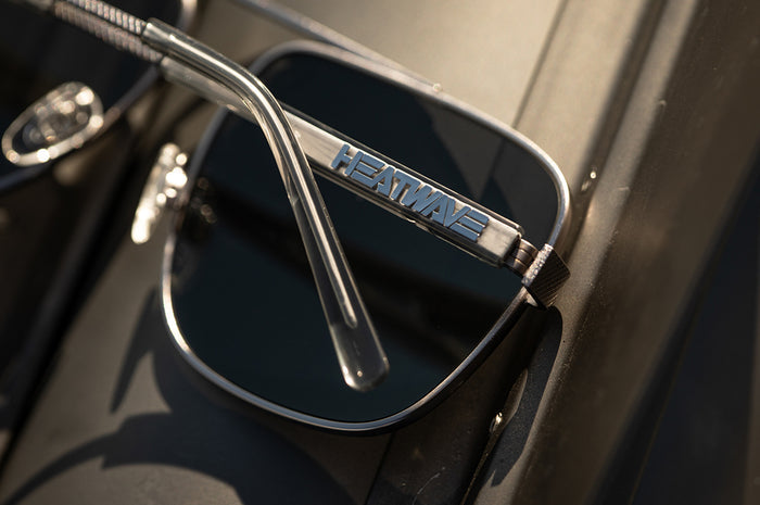 Close-up of the Heat Wave logo on the Nimitz sunglasses.