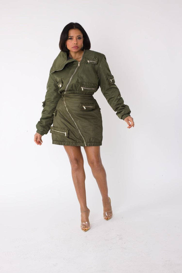 Olive Cropped Utility Bomber Jacket -82404