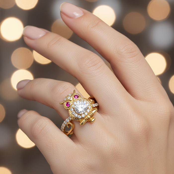 Gold ring with a large diamond and smaller gemstones on a blurred lights background