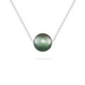 White gold slider necklace with a centered 7mm peacock Akoya pearl on a fine looking chain. Item No. 44141