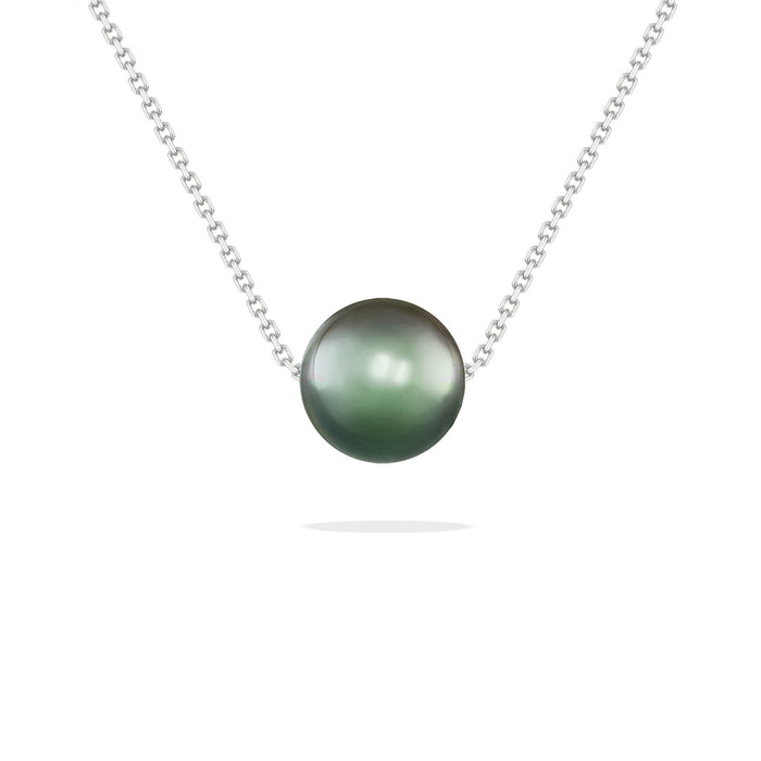 White gold slider necklace with a centered 7mm peacock Akoya pearl on a fine looking chain. Item No. 44141