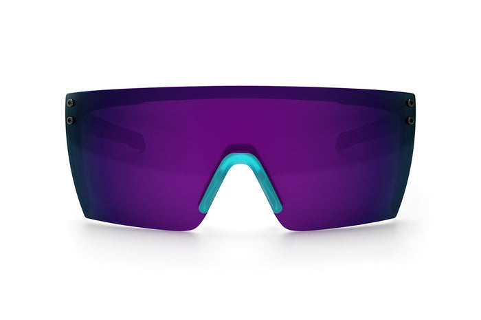 Front view of the Heat Wave Visual Performance Lazer Face with aqua frost frame, ultra violet lens and matching side shields.