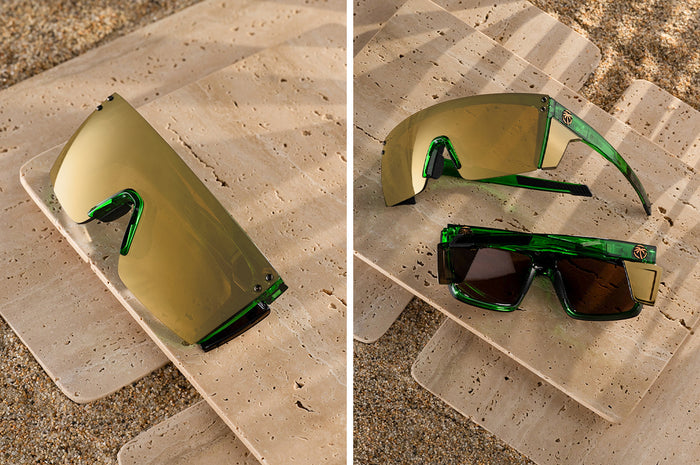 Two images of the Performance Lazer Face Sunglasses: Cycad Green Z87+ on concrete