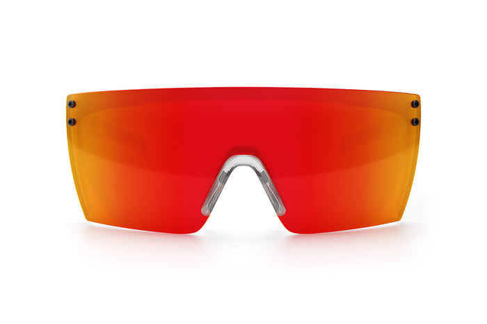 Front view of the Heat Wave Visual Performance Lazer Face Sunglasses with clear frame, sunblast red orange lens and matching side shields.