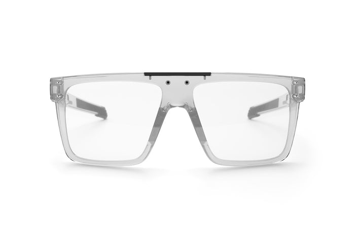 Front view of the Heat Wave Visual Performance Quatro Sunglassses with clear frame and anti-fog clear lens.