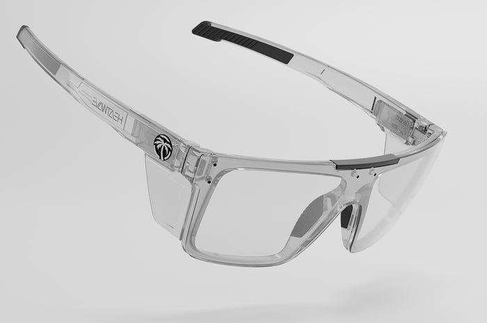 Suspended in mid air is the Heat Wave Visual Performance Quatro Sunglasses with clear frame, anti-fog clear lens and clear side shields.