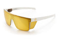 3/4th angle shot of the Performance Quatro Sunglasses: White Frame Gold Lens Z87+ with side shields on a white background.