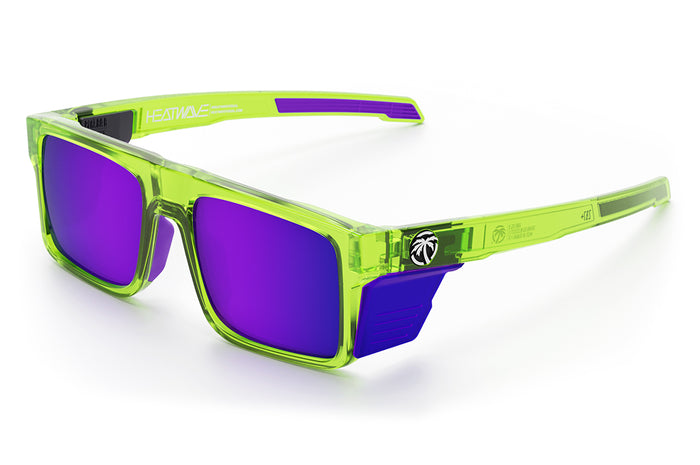 3/4th angle view of the Performance Rayth Sunglasses: Antifreeze Z87+ with purple side shields on a white background.