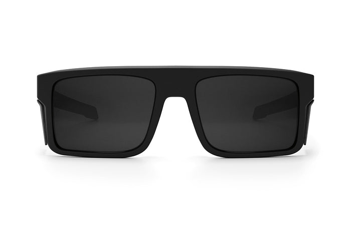 Front view of the Heat Wave Visual Performance Rayth Sunglasses with black frame, black lenses and matching side shields.