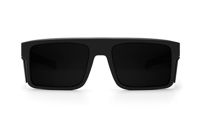 Front view of the Heat Wave Visual Performance Rayth Sunglasses with black frame, ultra black lenses and matching side shields.