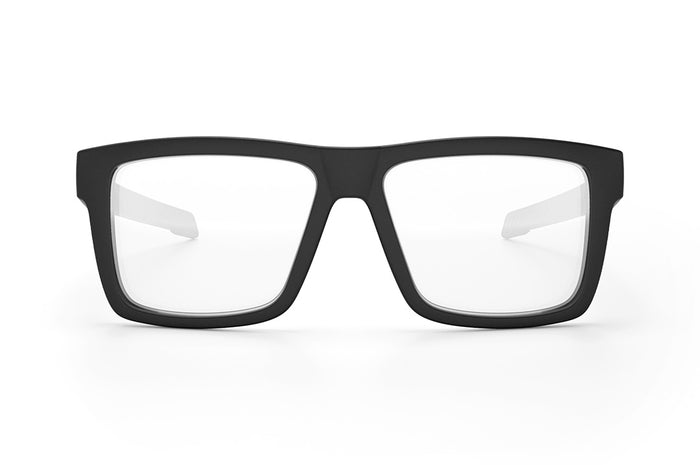 Front view of the Heat Wave Visual Performance Vise Sunglasses with black frame and anti-fog clear lenses.