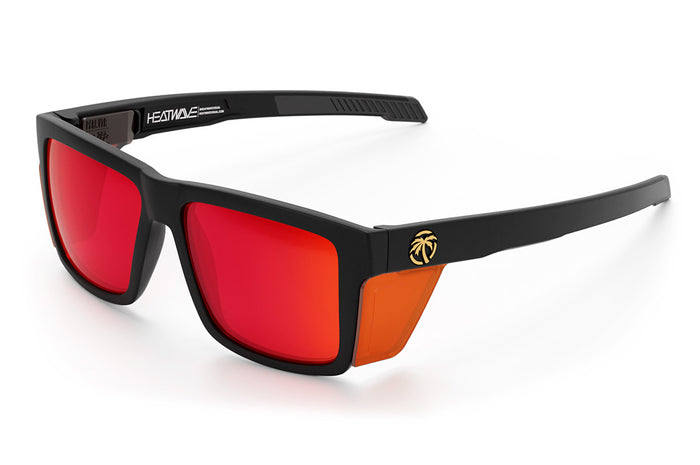 Heat Wave Visual Performance Vise Sunglasses with black frame, firestorm red lenses and matching colored side shields.