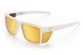 3/4th angle shot of the Performance Vise Sunglasses: White Frame Gold Lens Z87+ with side shields on a white background.