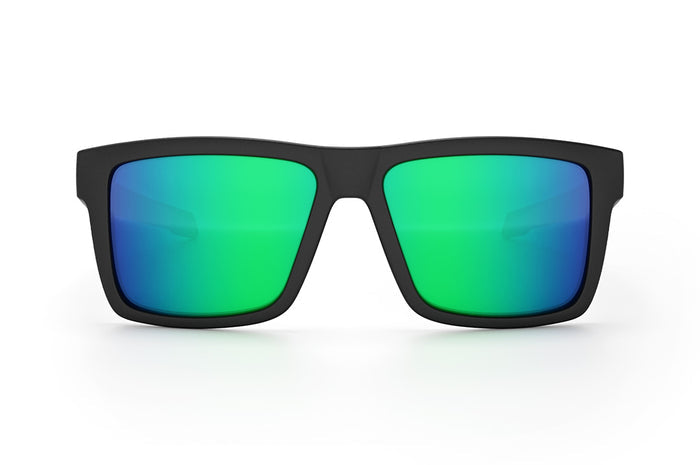 Front view of the Heat Wave Visual Performance Vise Sunglasses with black frame and piff green blue lenses.