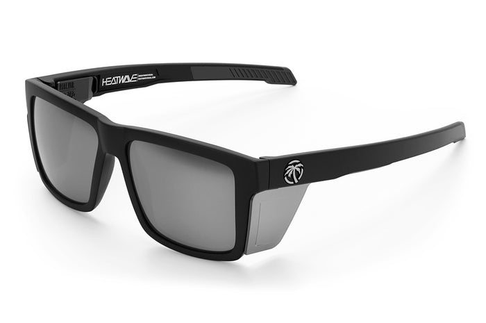 Heat Wave Visual Performance Vise Sunglasses with black frame, silver lenses and matching colored side shields.