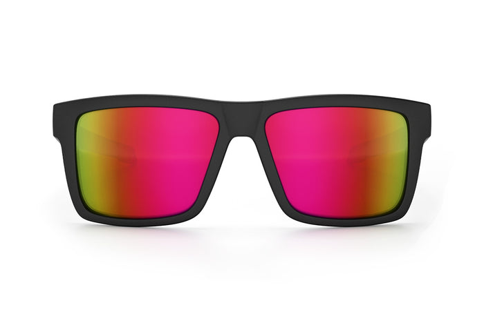 Front view of the Heat Wave Visual Performance Vise with black frame, tropic pink yellow lenses and matching side shields.