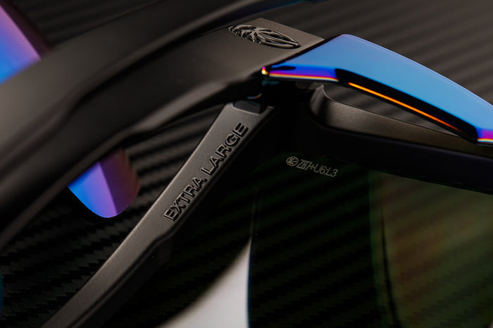 Close up of the Heat Wave Visual Performance XL Lazer Face extra large writing on the in inner frame.