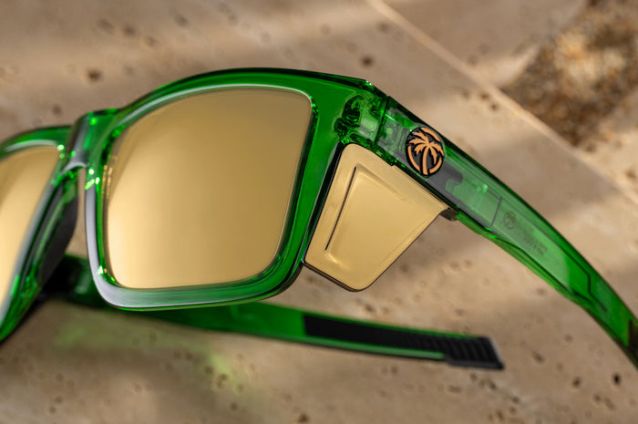 Close up shot of the Performance XL VISE Sunglasses Frame: Cycad Green Z87+ with gold side shields