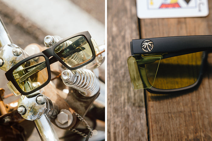 Front and backside of the Performance XL VISE Sunglasses: Easy Rider Photochromic Z87+ on a wood table