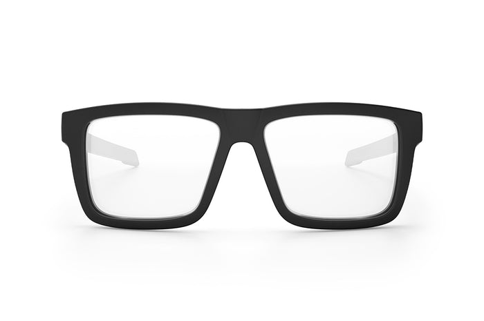 Front view of Heat Wave Visual Performance XL Vise Sunglasses withe black frame and anti-fog clear lenses.