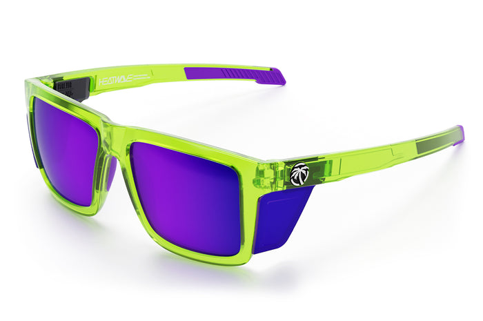 3/4th angle view of the Performance XL VISE Sunglasses Frame: Antifreeze Z87+ with purple side shields on a white background.