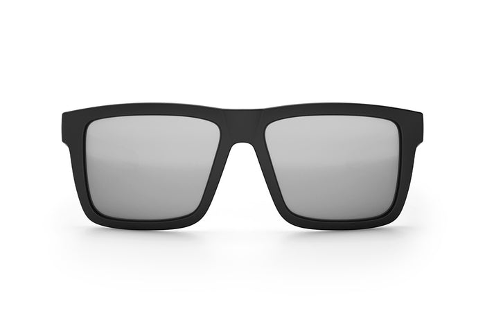 Front view of the Heat Wave Visual Performance XL Vise Sunglasses with black frame and silver lenses.