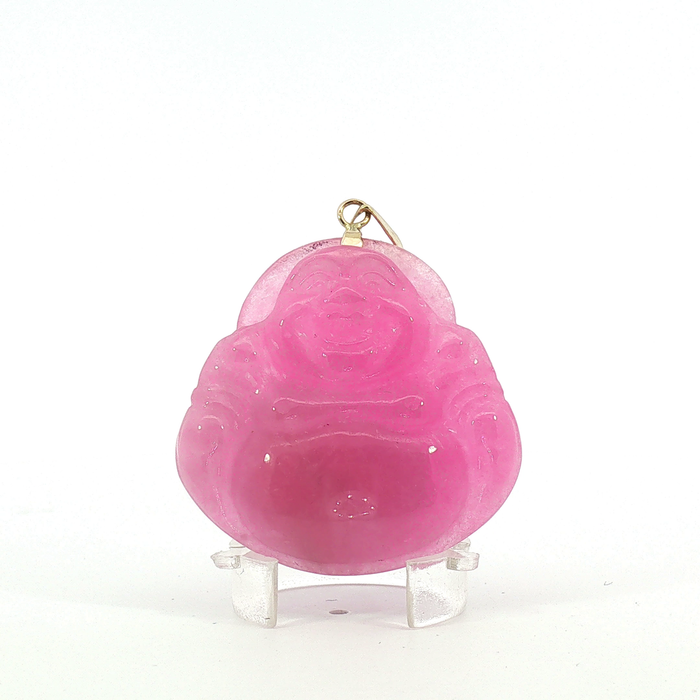 Pink Jade Laughing Buddha Pendant with 14k Yellow Gold bail
