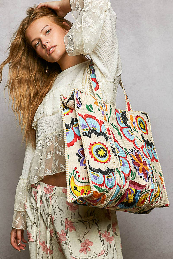 POL Printed Cream Tote Bag