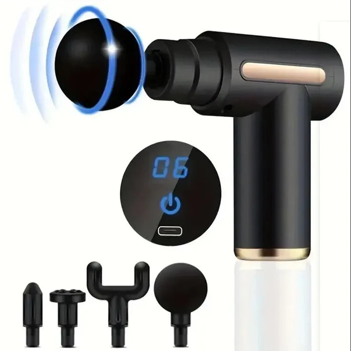 Portable Deep Tissue Massage Gun with 4 Interchangeable Heads – Rechargeable Muscle Massager for Neck, Back & Body