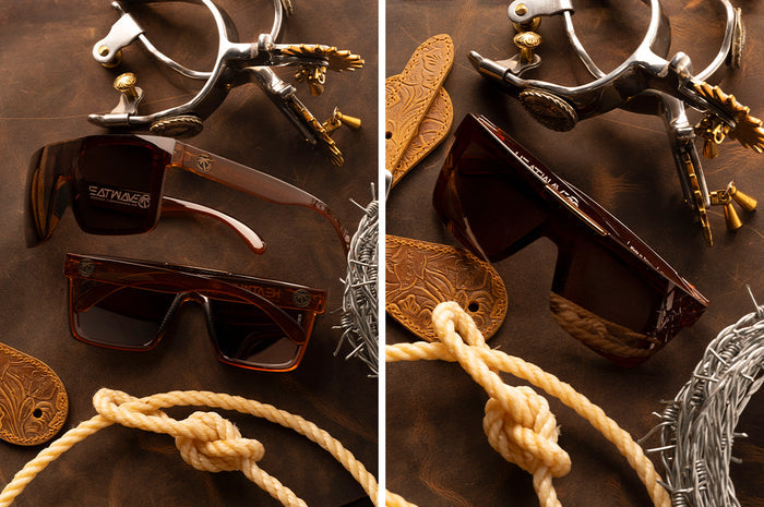 Two images of the Quatro Sunglasses: Saddle Z87 on a wood table with cowboy accessories