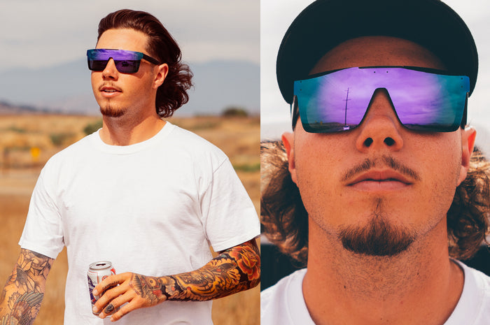Young guy wearing Heat Wave Visual Quatro Sunglasses with black frame and ultra violet lens.