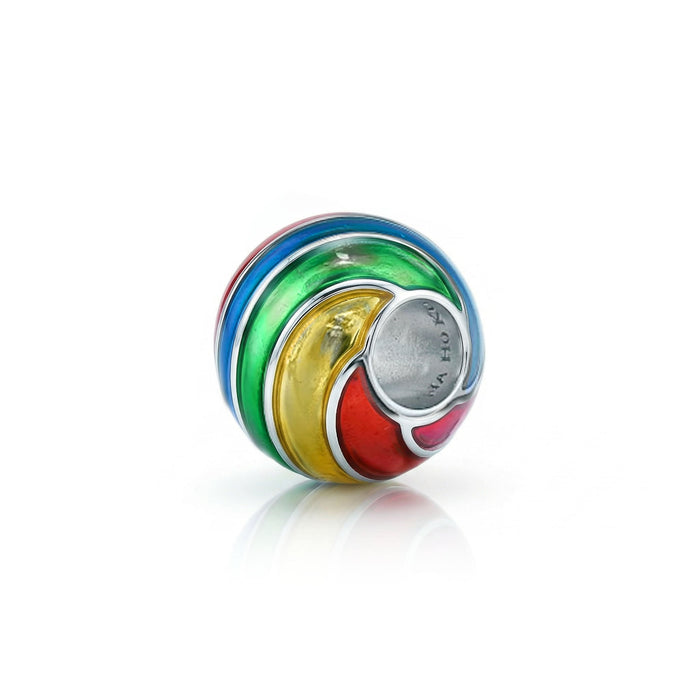 Side view of rainbow enamel beach ball puka bead made in sterling silver, showcasing Na Hoku trademark. Item No. 45384