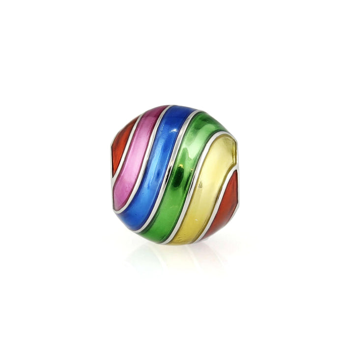 Round shaped and rainbow enamel striped beach ball puka bead with glossy enamel finish. Item No. 45384