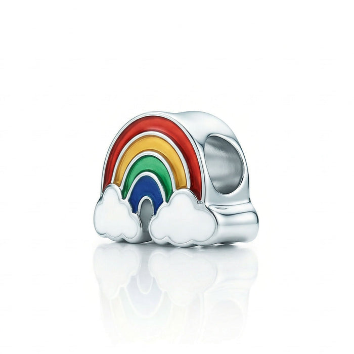 Angled view of sterling silver rainbow  puka bead with two enamel clouds, one on each end. Item No. 45383