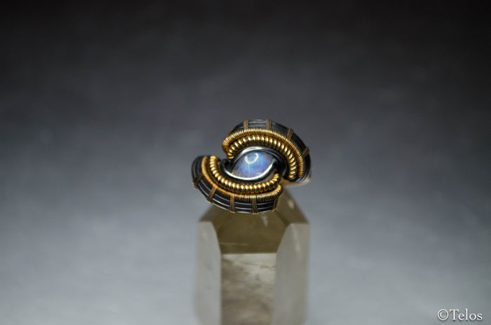 Rainbow Moonstone Sterling Silver and 14k gold fill Dragon eye ring
