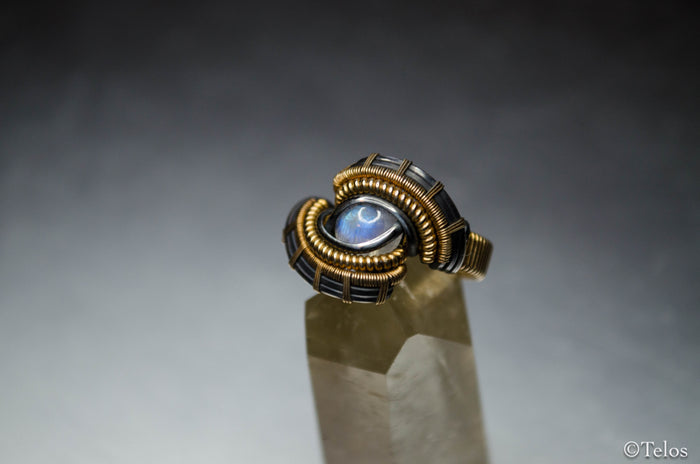 Rainbow Moonstone Sterling Silver and 14k gold fill Dragon eye ring