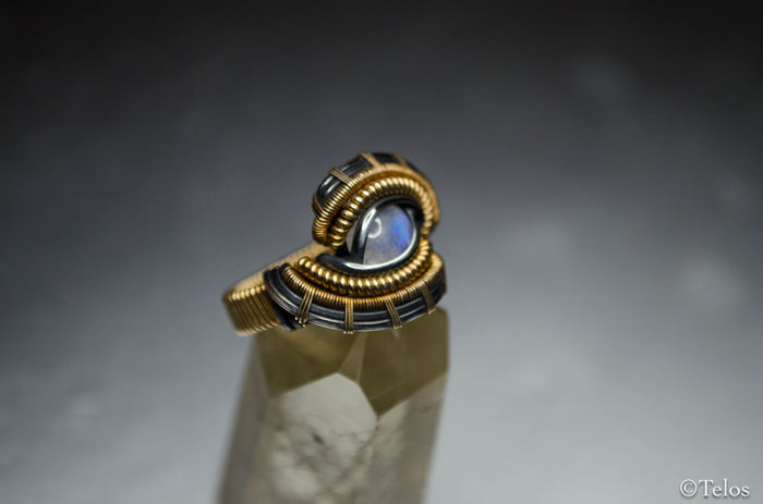 Rainbow Moonstone Sterling Silver and 14k gold fill Dragon eye ring