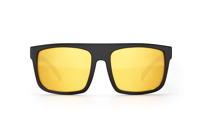 Front of Heat Wave Visual Regulator Sunglasses with black frame and gold lenses.