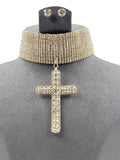 Rhinestone Cross Pendant Choker Necklace Set