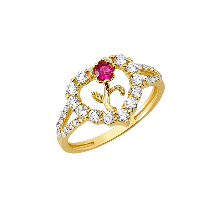 10K/14K Gold Rose Flower Ring with Red & White Gemstones