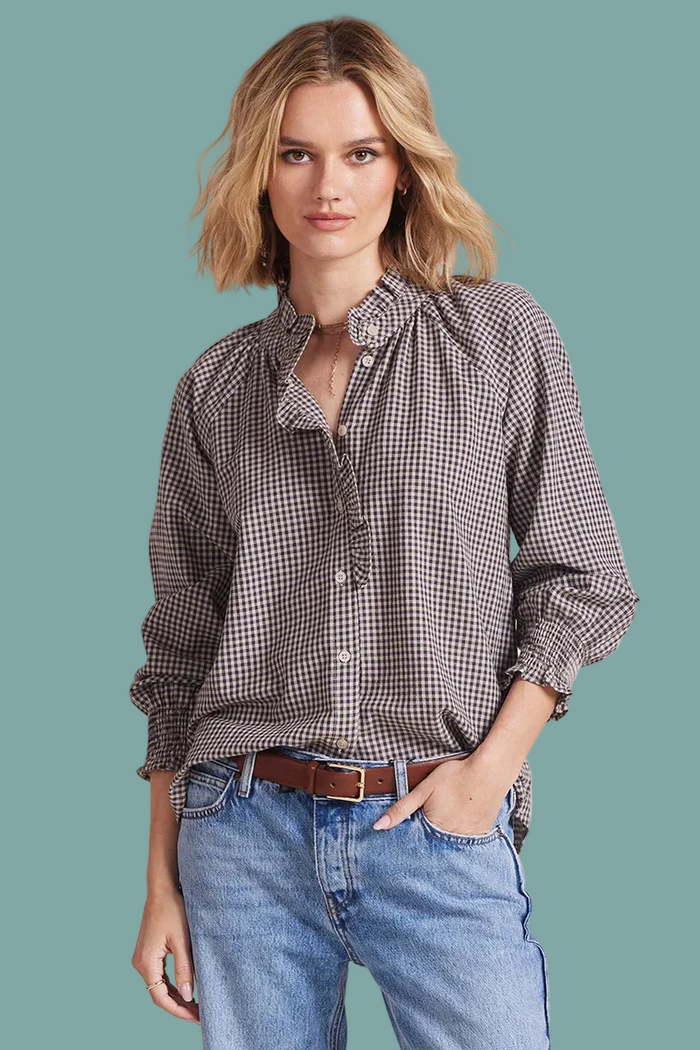 Rosie Ruffle Button Up - Mocha Gingham