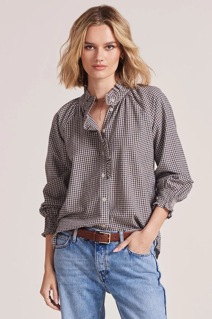 Rosie Ruffle Button Up - Mocha Gingham